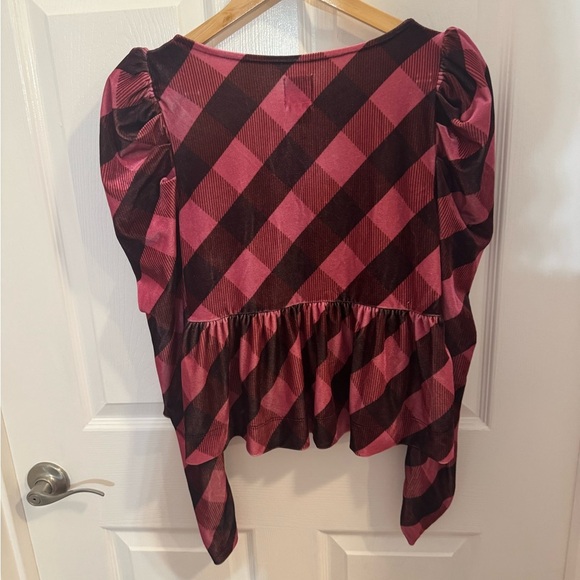 Anthropologie Maeve Pink Plaid Velvet Babydoll Top, size Medium - Picture 2 of 5